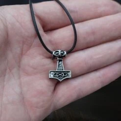 Small Silver Thunder Thors Hammer Pendant -The Viking Dragon Shop sn silver small thunder hammer viking pendant on leather thong on hand