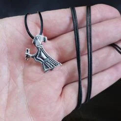 Silver Valkyrie Pendant -The Viking Dragon Shop sn silver valkyrie pendant on leather thong on hand