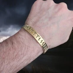 Brass Runic Bracelet From Lindholm -The Viking Dragon Shop tc brass dark age runic bracelet from lindholm on wrist
