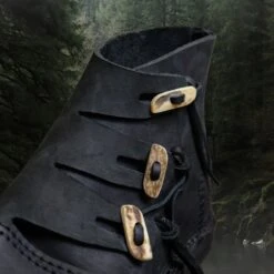 Authentic Viking Reenactment Hedeby Leather Shoes / Boots -The Viking Dragon Shop wl hedeby viking shoe boot black leather toggles close up