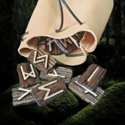 Elder Futhark Wooden Rune Set In Leather Pouch -The Viking Dragon Shop wl wooden elder futhark runes with medium leather pouch close up